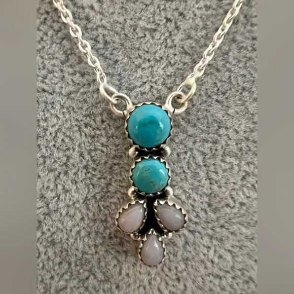 ❤️ Bluebird Turquoise & Pink Opal 925 Southwestern Navajo Necklace 18+2”L 11.4Gm - Picture 6 of 12